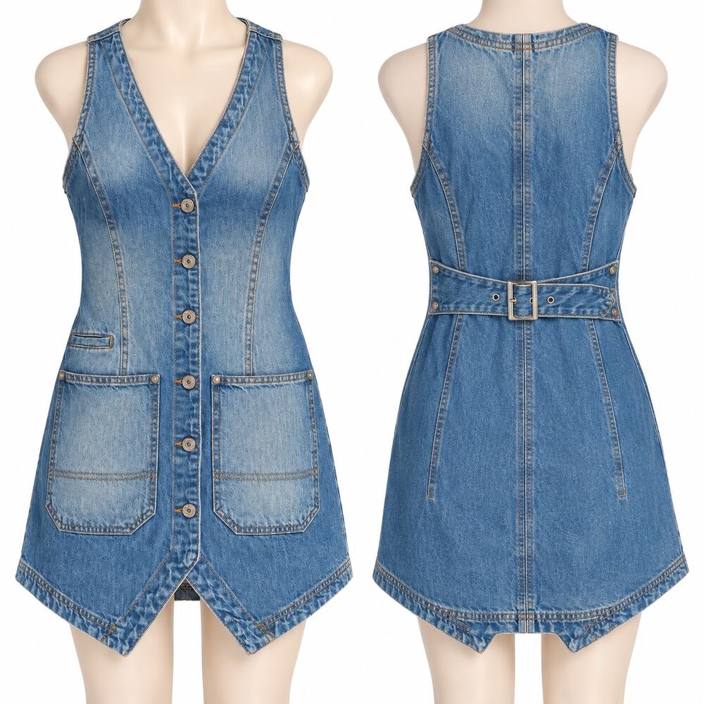 We The Free Denim Vest Mini Dress XS Button Front Belted Free People